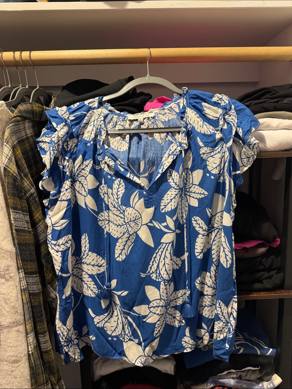 Rose & Olive Blue Floral Short Flutter Sleeve Top